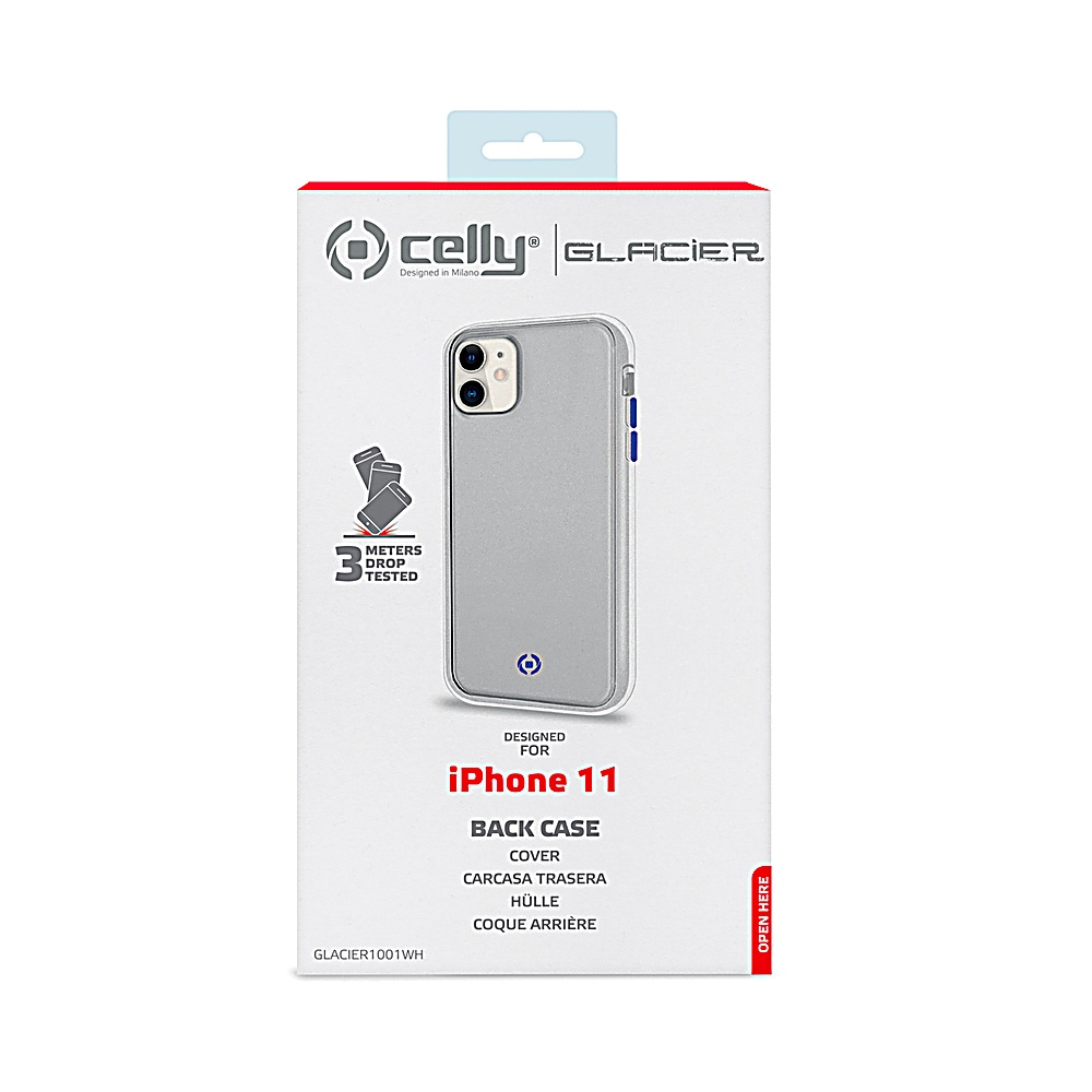 Una scatola di custodia per telefono. C'è scritto 'iPhone 11 back case'. La custodia è grigia. Il marchio è 'celly', 'designed in Milano'.