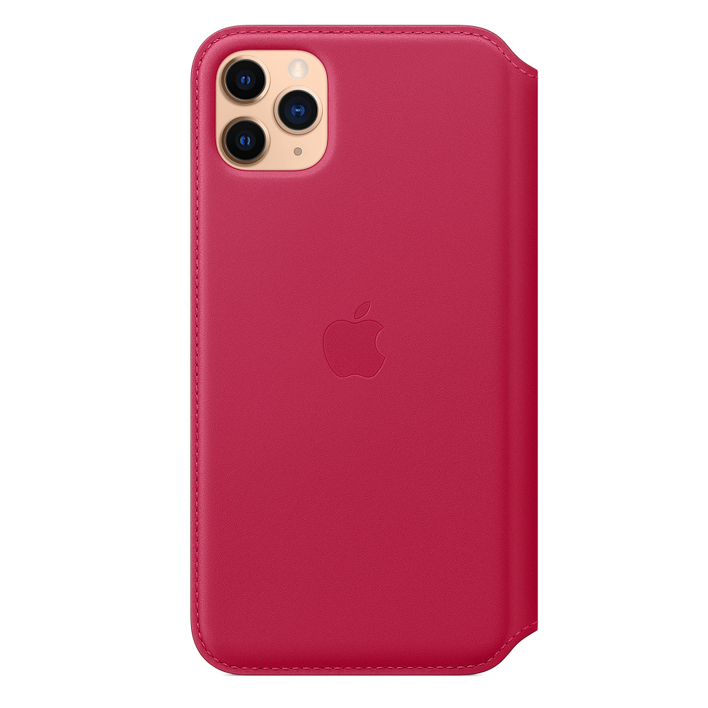 Eine rote iPhone-Hülle mit dem Apple-Logo. Sie hat drei Kameralinsen und einen Ausschnitt für den Bildschirm.