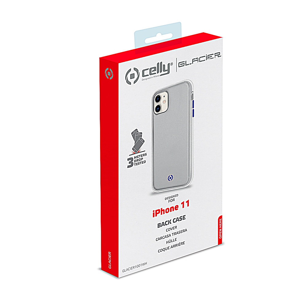 Una scatola per la custodia del telefono per iPhone 11. È bianca e rossa con una custodia trasparente all'interno e riporta il marchio Celly e Glacier.