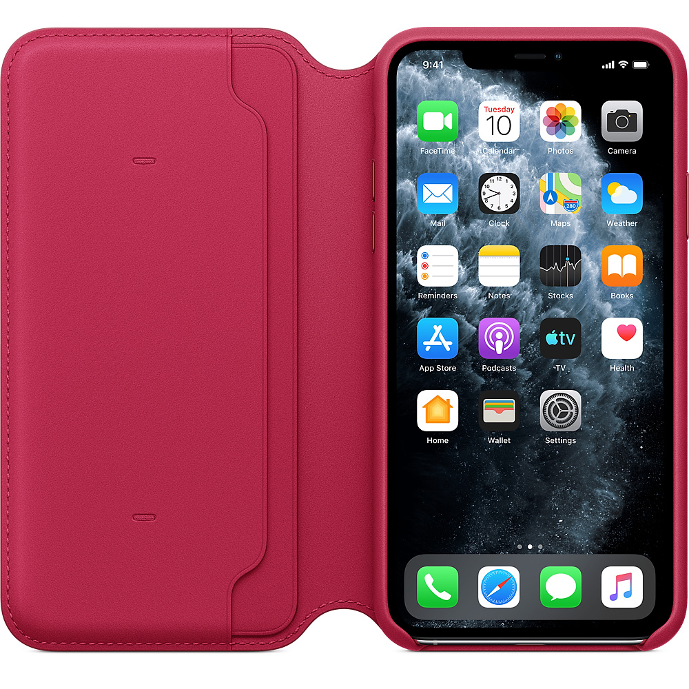 Ein iPhone in einer roten Lederhülle. Der Bildschirm zeigt App-Symbole. Die Hülle ist geöffnet und zeigt das Telefon.