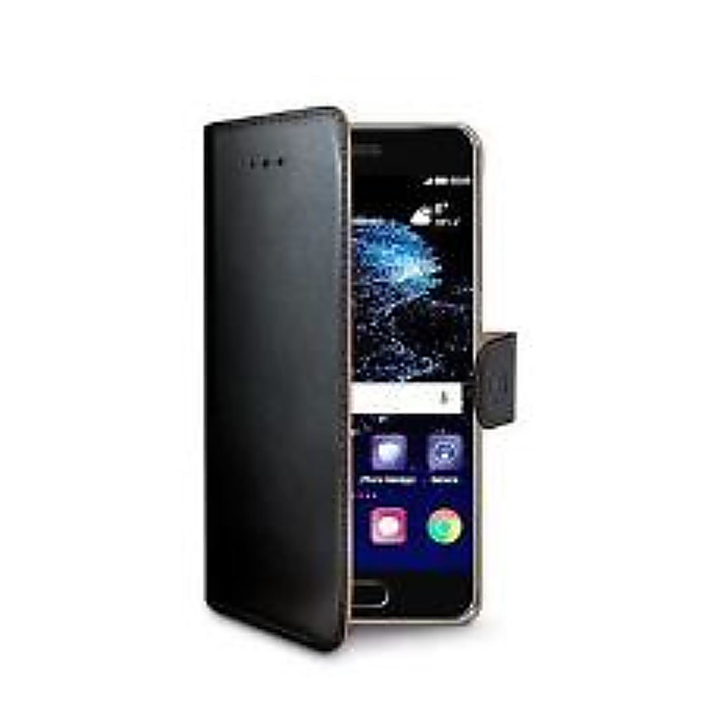 Uno smartphone in una custodia di pelle nera è esposto. Lo schermo mostra app e un widget meteo. La custodia è aperta.