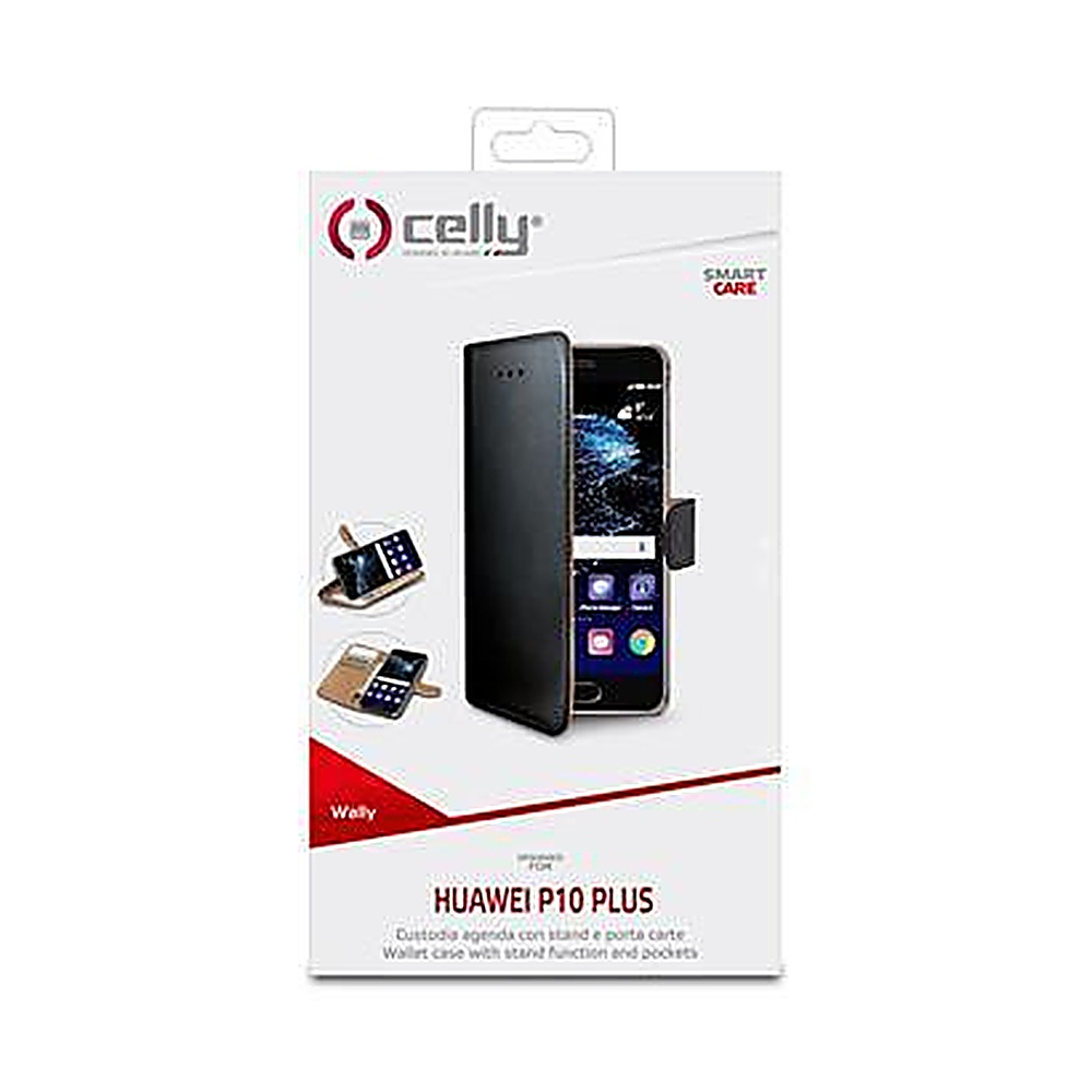 Una scatola per custodia del telefono con un telefono all'interno. La scatola ha il marchio Celly e il telefono è un Huawei P10 Plus.