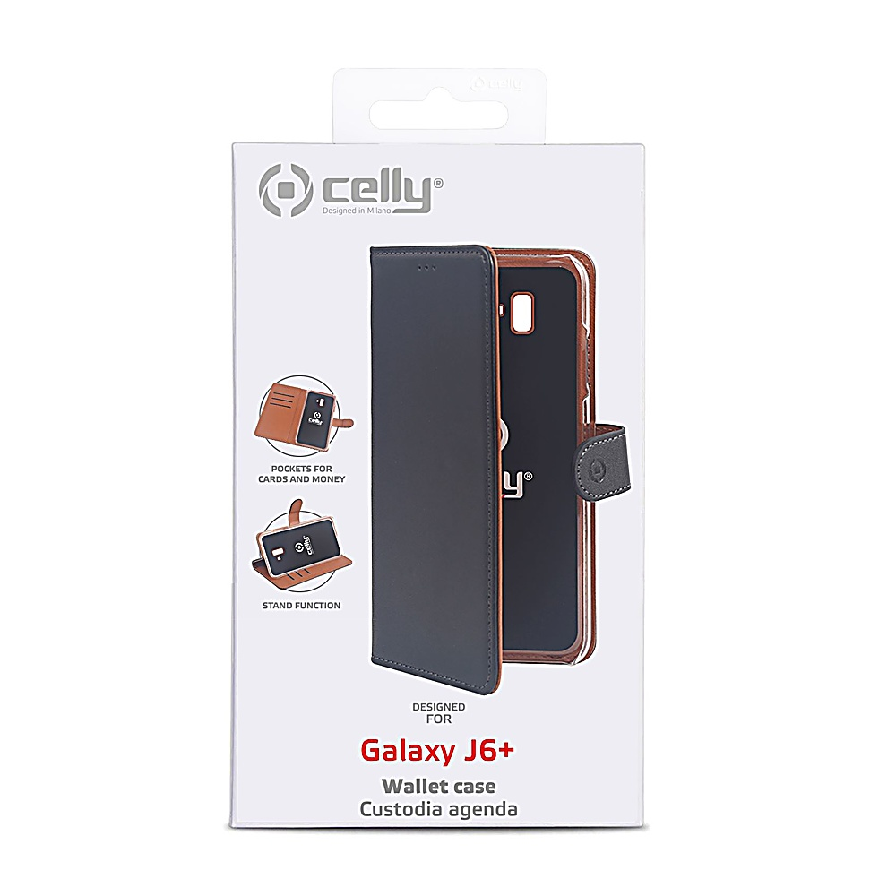 Una scatola per custodie per telefoni con una custodia a portafoglio nera e marrone. Ha tasche per carte, una funzione di supporto e il marchio Celly.