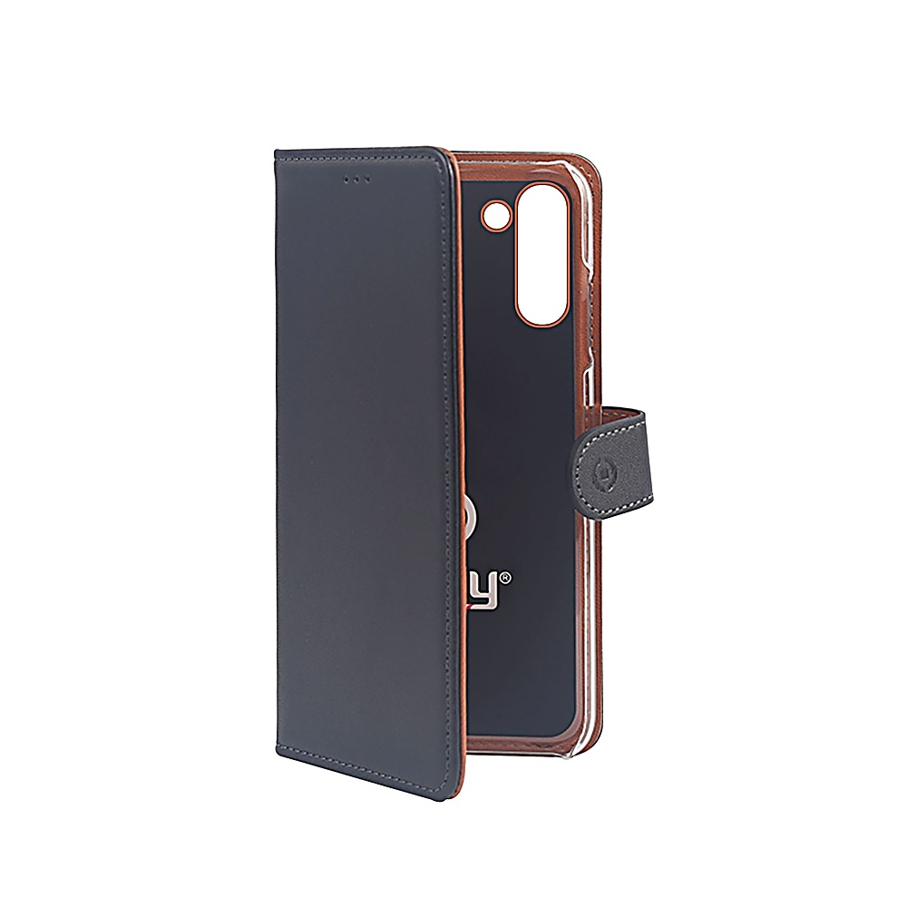 Custodia per telefono blu scuro aperta lateralmente, che rivela il retro del telefono. La custodia ha una chiusura magnetica.