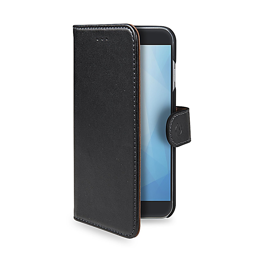 Una custodia nera per telefono con un telefono all'interno. La custodia è aperta, mostrando lo schermo del telefono. La custodia ha una chiusura magnetica.