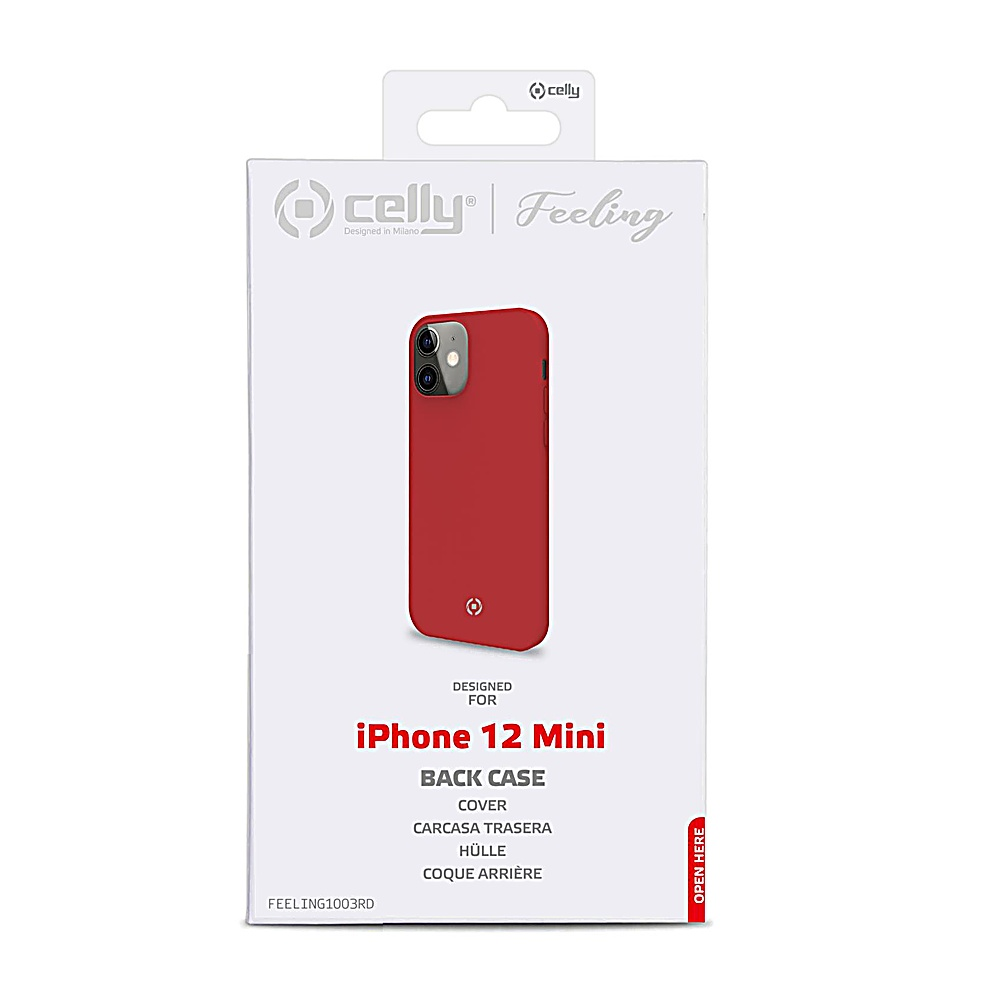 Una custodia rossa per iPhone 12 Mini su una scatola bianca. La scatola ha il logo Celly e dettagli del prodotto, incluso 'Feeling'.