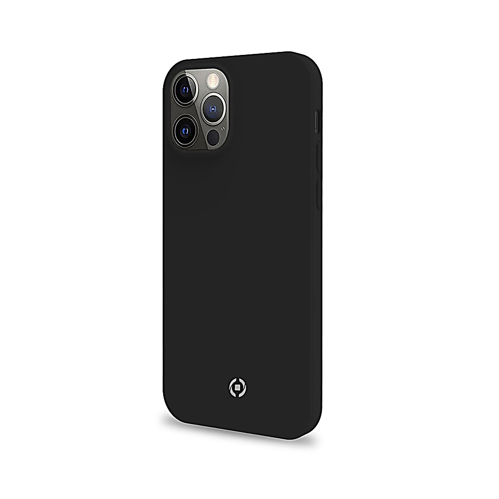 Custodia nera per telefono con ritagli per fotocamera e piccolo logo. È posizionata su una superficie bianca.