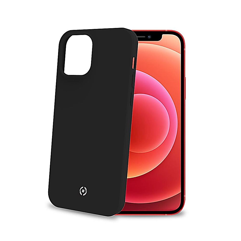 Una custodia nera con logo accanto a un iPhone rosso. Entrambi su sfondo bianco. Il telefono mostra uno schermo rosso e arancione.