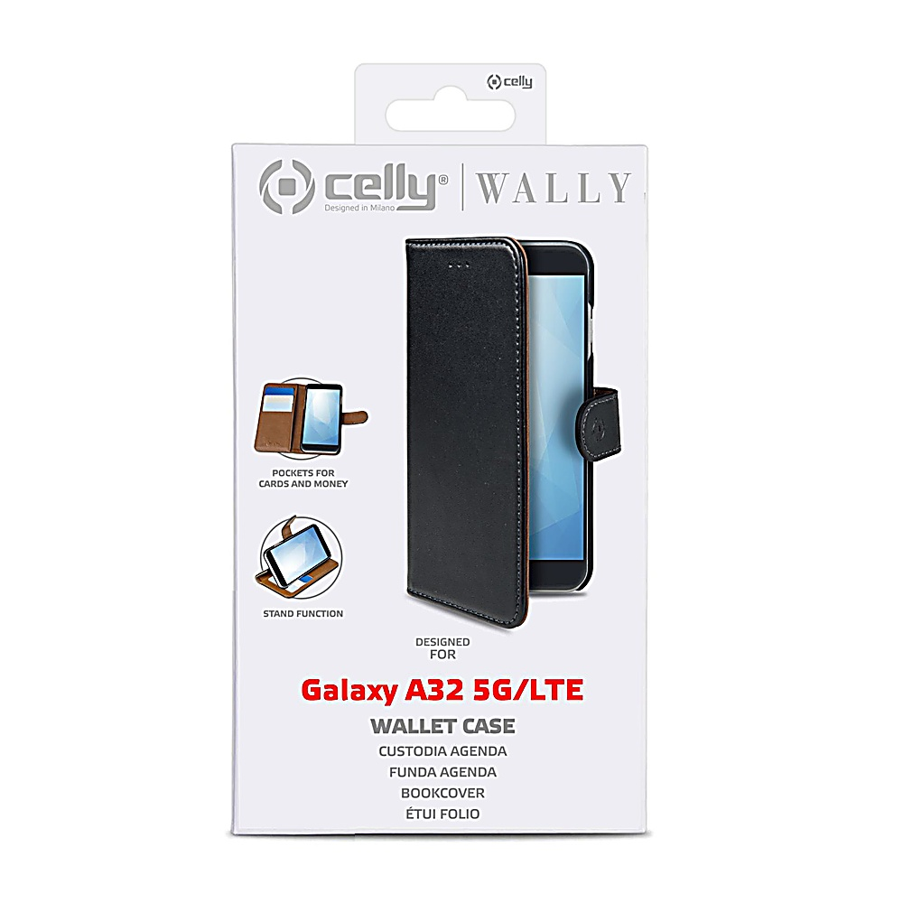 Una scatola per custodia del telefono. La custodia è nera con interno marrone. La scatola ha il marchio Celly e il testo 'Wally'.