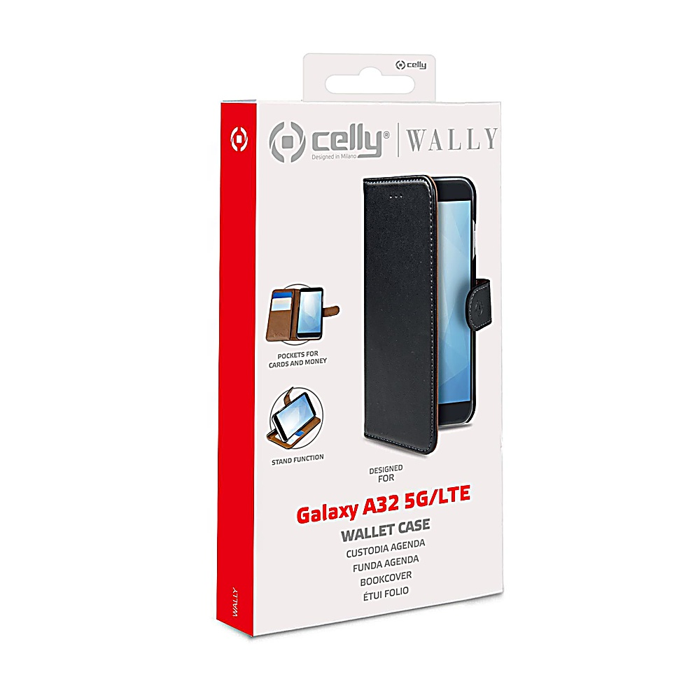 Una scatola per custodie per telefoni con una custodia a portafoglio nera. Il testo include 'Galaxy A32 5G/LTE', 'WALLET CASE' e 'celly WALLY'.