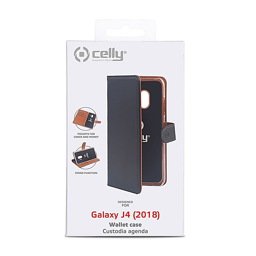 Una custodia a portafoglio per telefono su una scatola bianca. La custodia è nera e marrone, progettata per Galaxy J4 (2018). Il marchio è Celly.