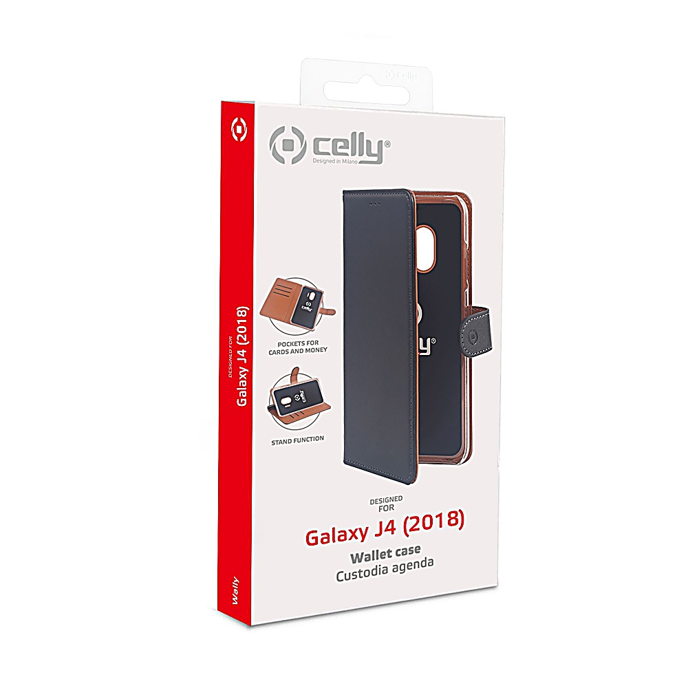 Una scatola per custodia per telefono. È una custodia a portafoglio del marchio Celly per Galaxy J4 (2018). Include tasche per carte e funzione supporto.