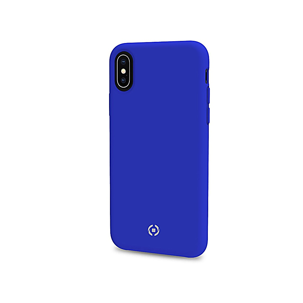 Una custodia blu per telefono è mostrata su sfondo bianco. La custodia ha un ritaglio per la fotocamera e un logo.