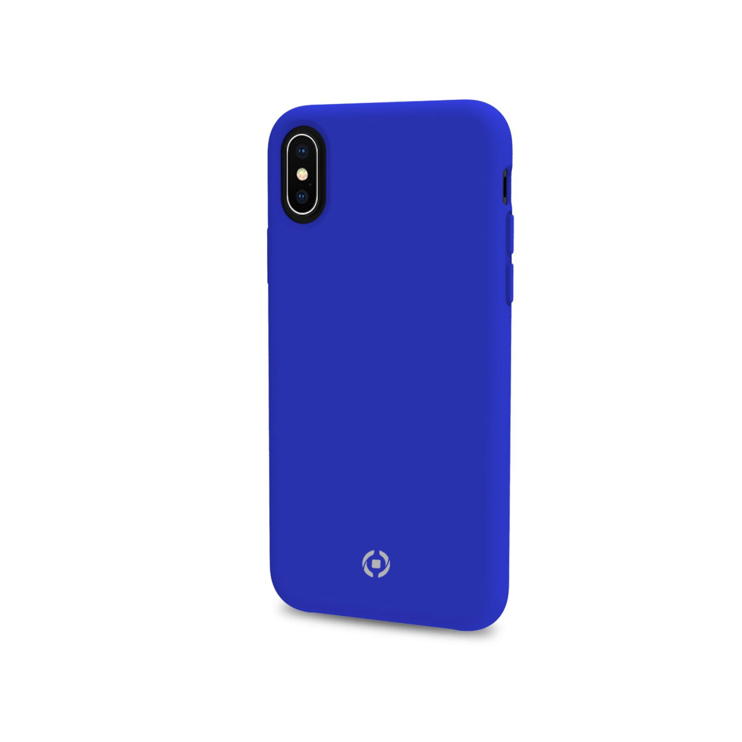 Una custodia blu per telefono è mostrata su sfondo bianco. La custodia ha un ritaglio per la fotocamera e un logo in basso.