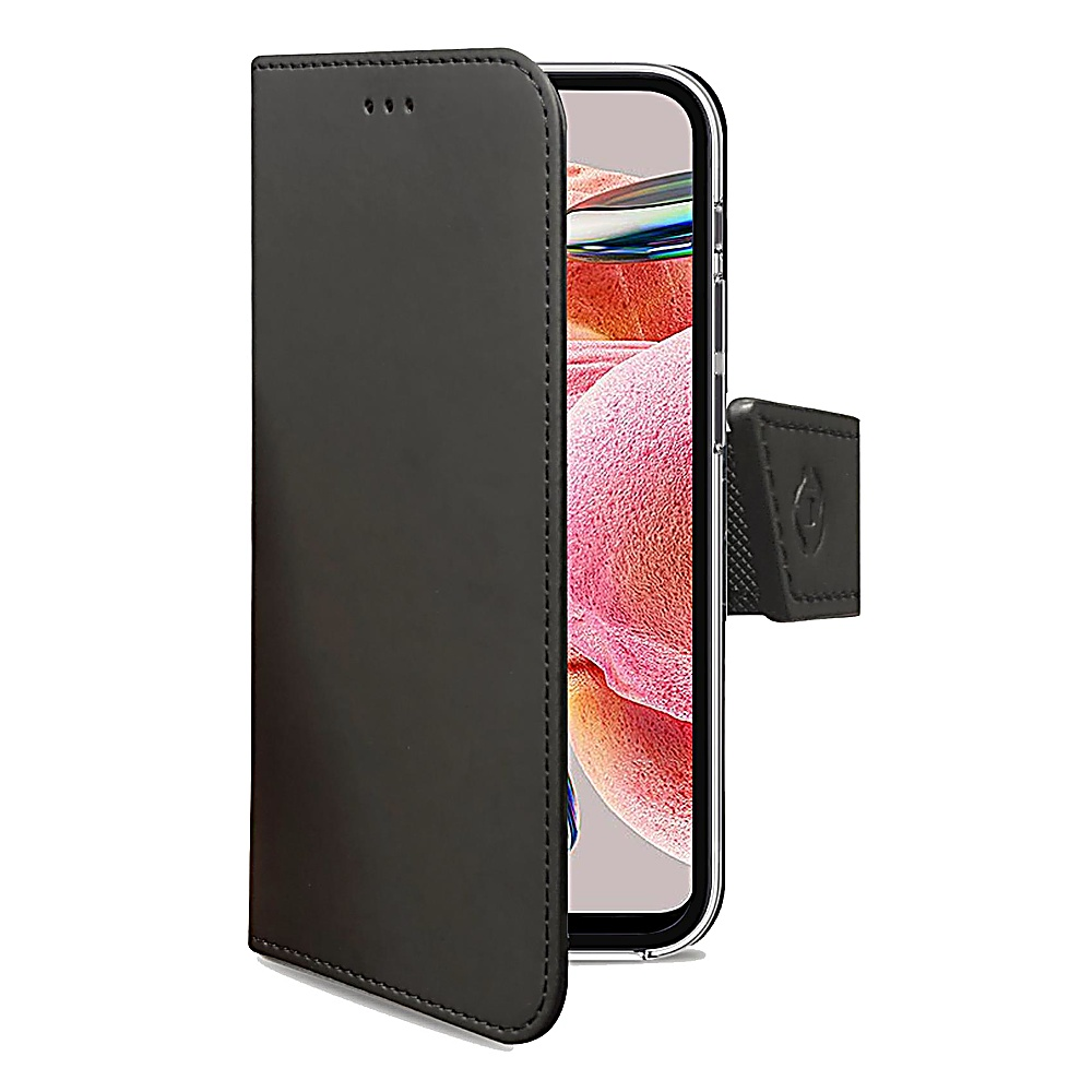 Custodia per telefono in pelle nera con un telefono all'interno. La custodia è aperta, mostrando lo schermo del telefono con uno sfondo colorato.