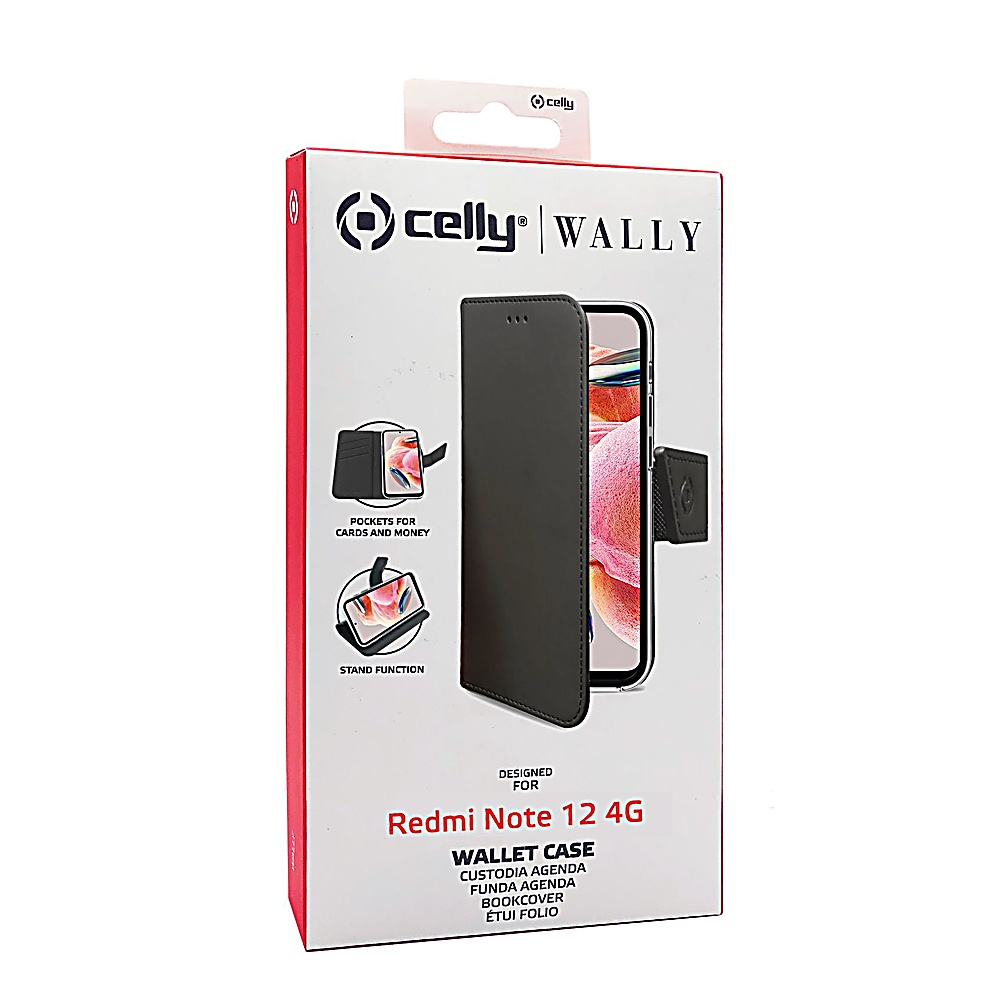Una scatola per custodia per telefono con una custodia per telefono all'interno. La scatola ha il marchio Celly ed è progettata per Redmi Note 12 4G.