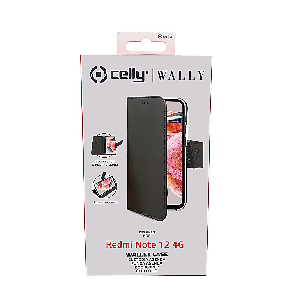 Una scatola per custodia per telefono con una custodia a portafoglio nera. Il testo sulla scatola recita 'Redmi Note 12 4G WALLET CASE' e 'Celly Wally'.
