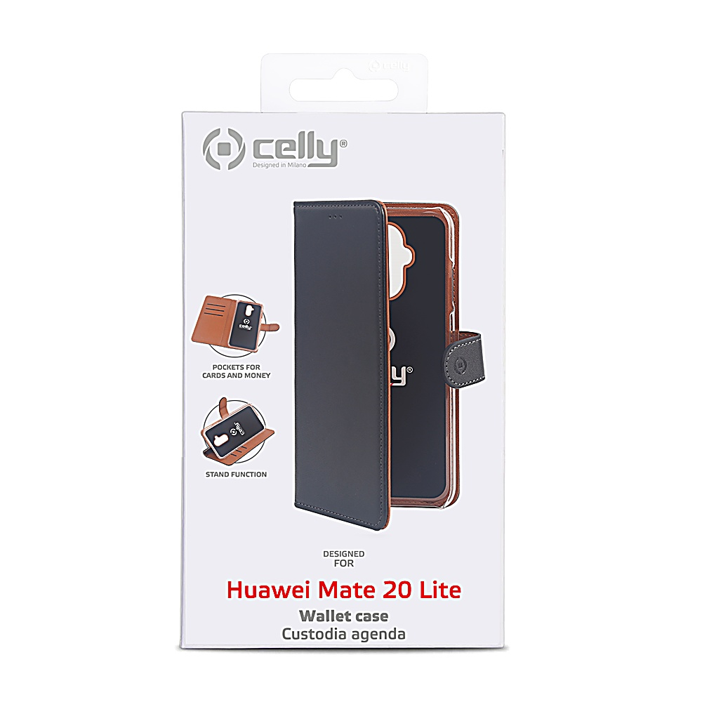 Una scatola di custodia per telefono con una custodia a portafoglio. Include tasche per carte, funzione stand e il marchio 'Celly'. La custodia è per Huawei Mate 20 Lite.