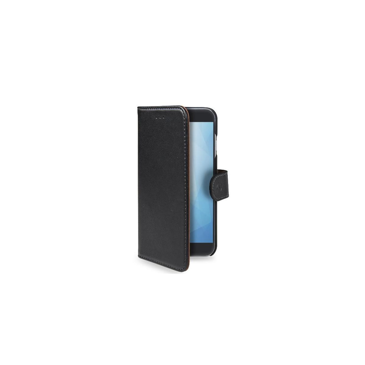 Una custodia nera per telefono è aperta, mostrando il telefono all'interno. La custodia ha una chiusura magnetica. Sfondo bianco.