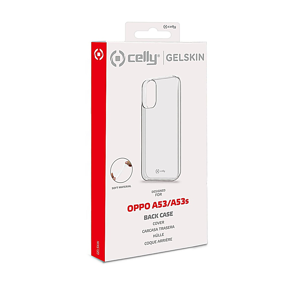 Una scatola per custodia per telefono con una custodia trasparente all'interno. Il testo include "celly", "GELSKIN", "OPPO A53/A53s", "BACK CASE". Rosso e bianco.
