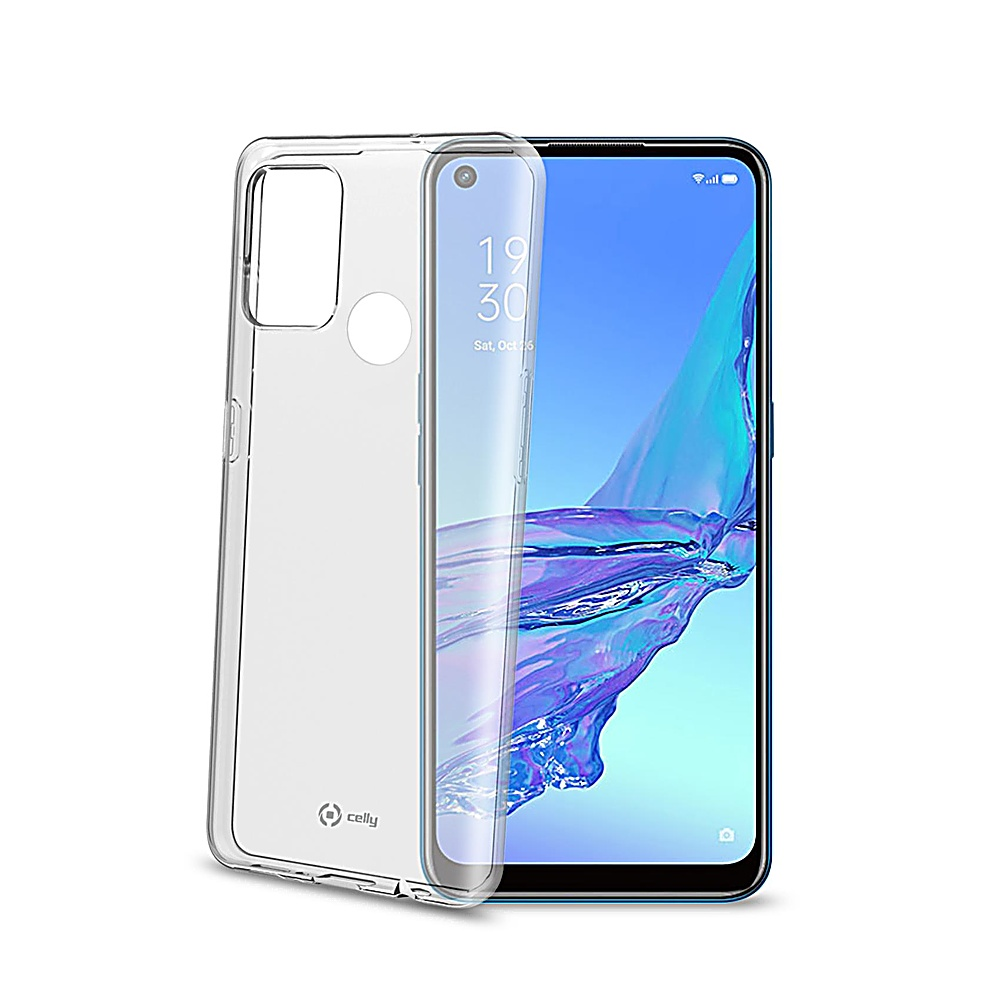 Una custodia trasparente per telefono accanto a uno smartphone con la data 19:30 sullo schermo. La custodia ha il logo 'celly'.