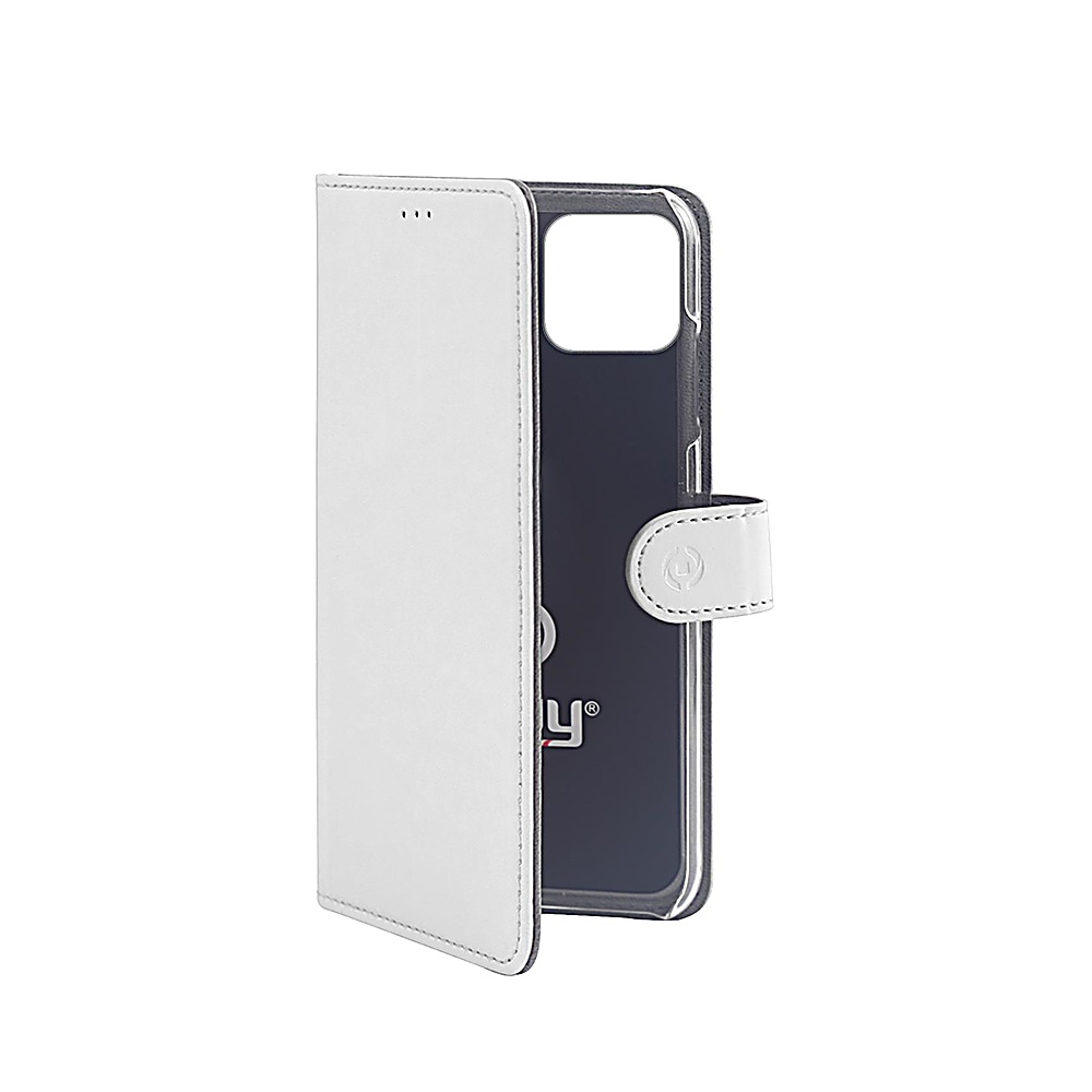 Custodia bianca per telefono, aperta per rivelare un telefono scuro. La custodia ha una chiusura magnetica.