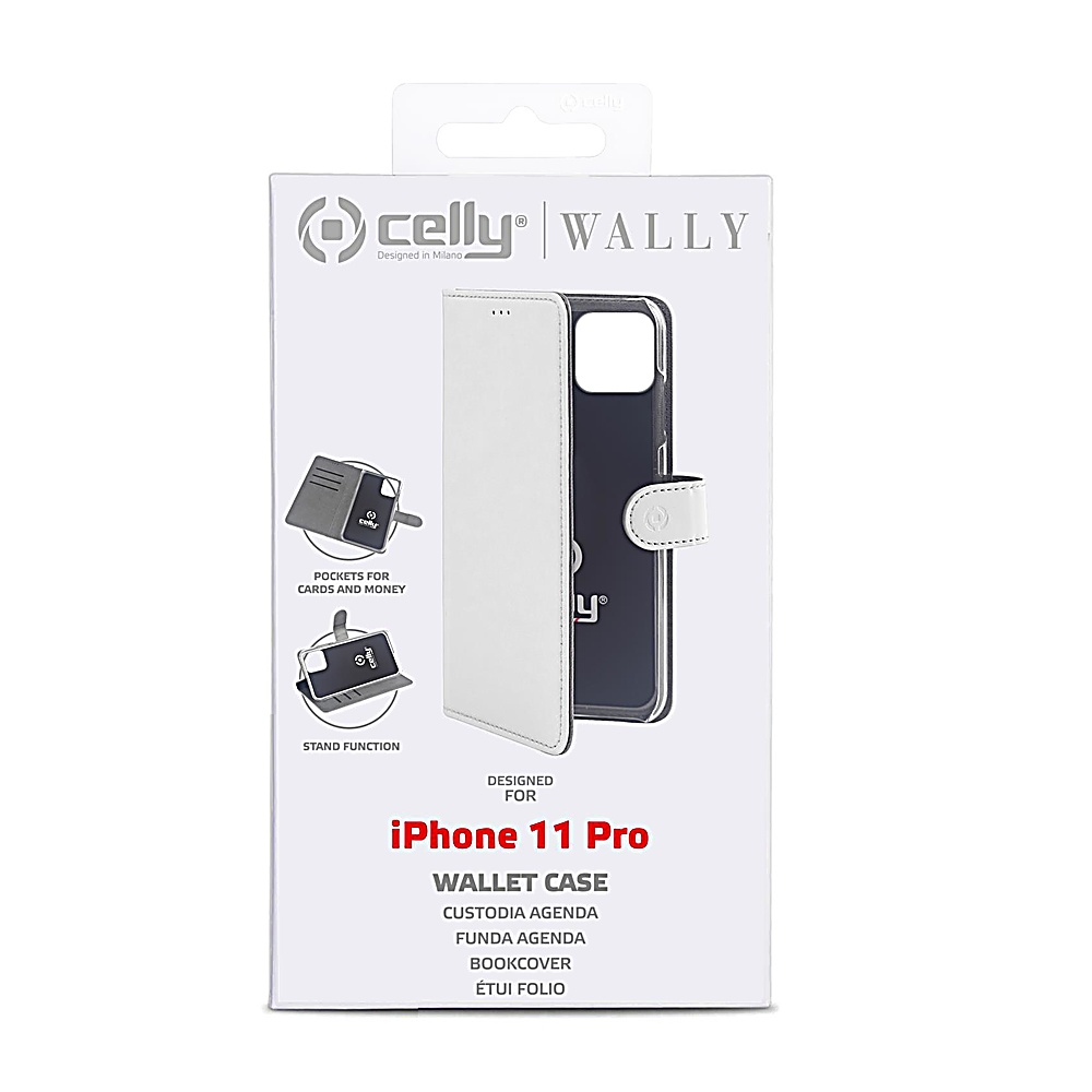 Una custodia a portafoglio bianca e blu navy per iPhone 11 Pro su una scatola bianca. La scatola ha il logo 'Celly' e il testo 'WALLY', più altri dettagli.