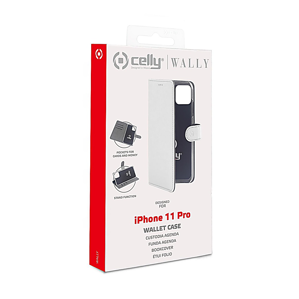 Custodia a portafoglio bianca per iPhone 11 Pro di Celly. La scatola è rossa e bianca. Dispone di tasche per carte, denaro e funzione stand.