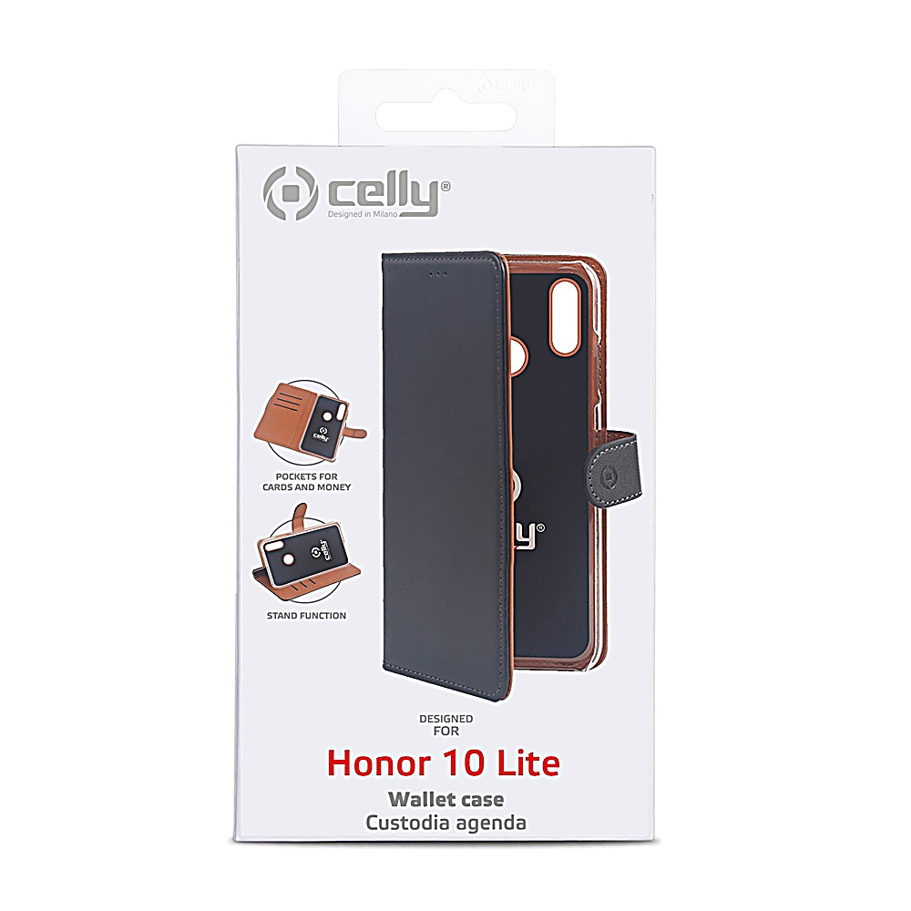 Viene mostrata una custodia a portafoglio Celly Honor 10 Lite. La scatola mostra la custodia, progettata per contenere carte e denaro, con funzione stand.
