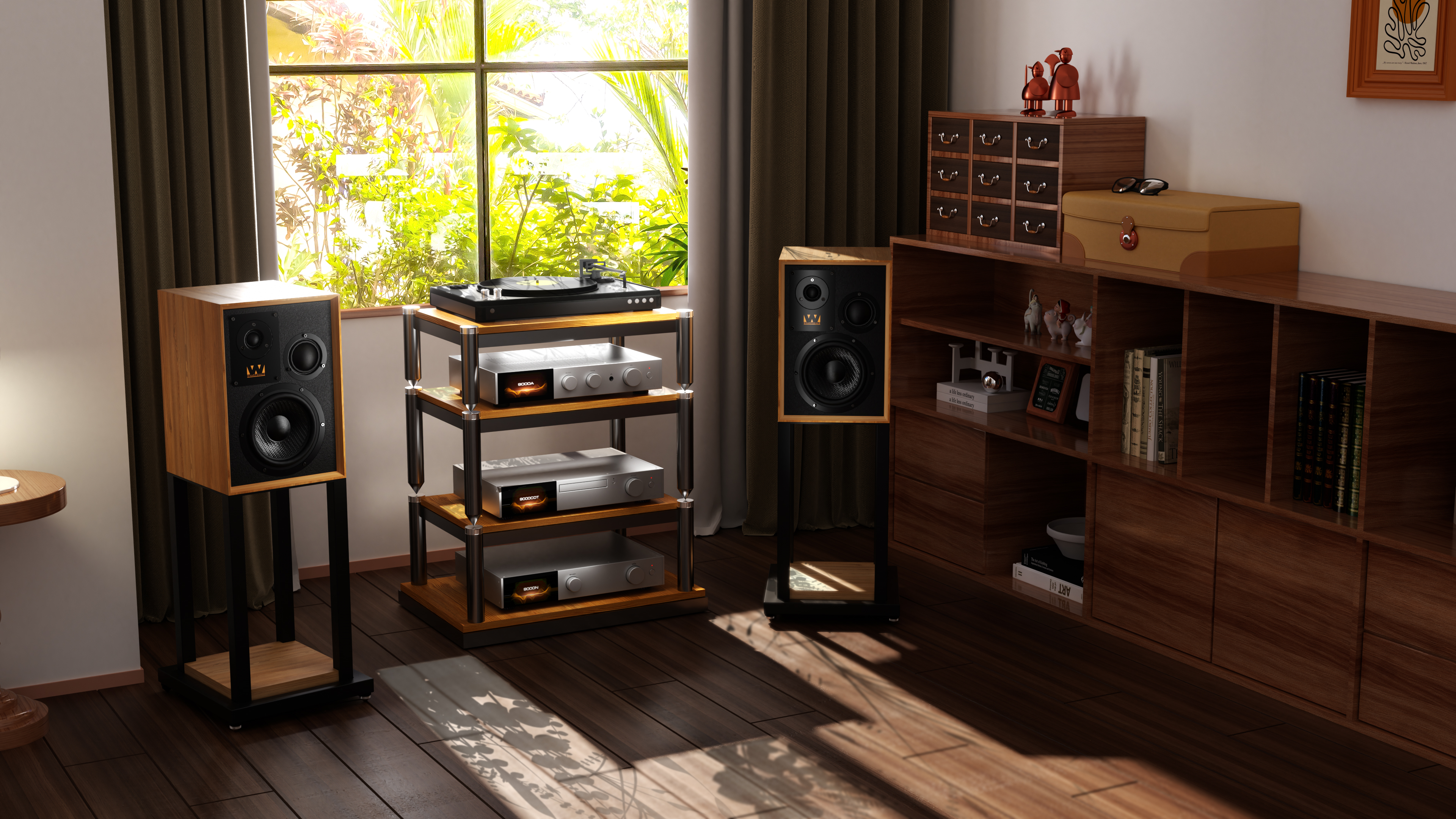 Een kamer met luidsprekers, een platenspeler en audioapparatuur op stands. Een raam met zonlicht en houten meubels zijn ook aanwezig.