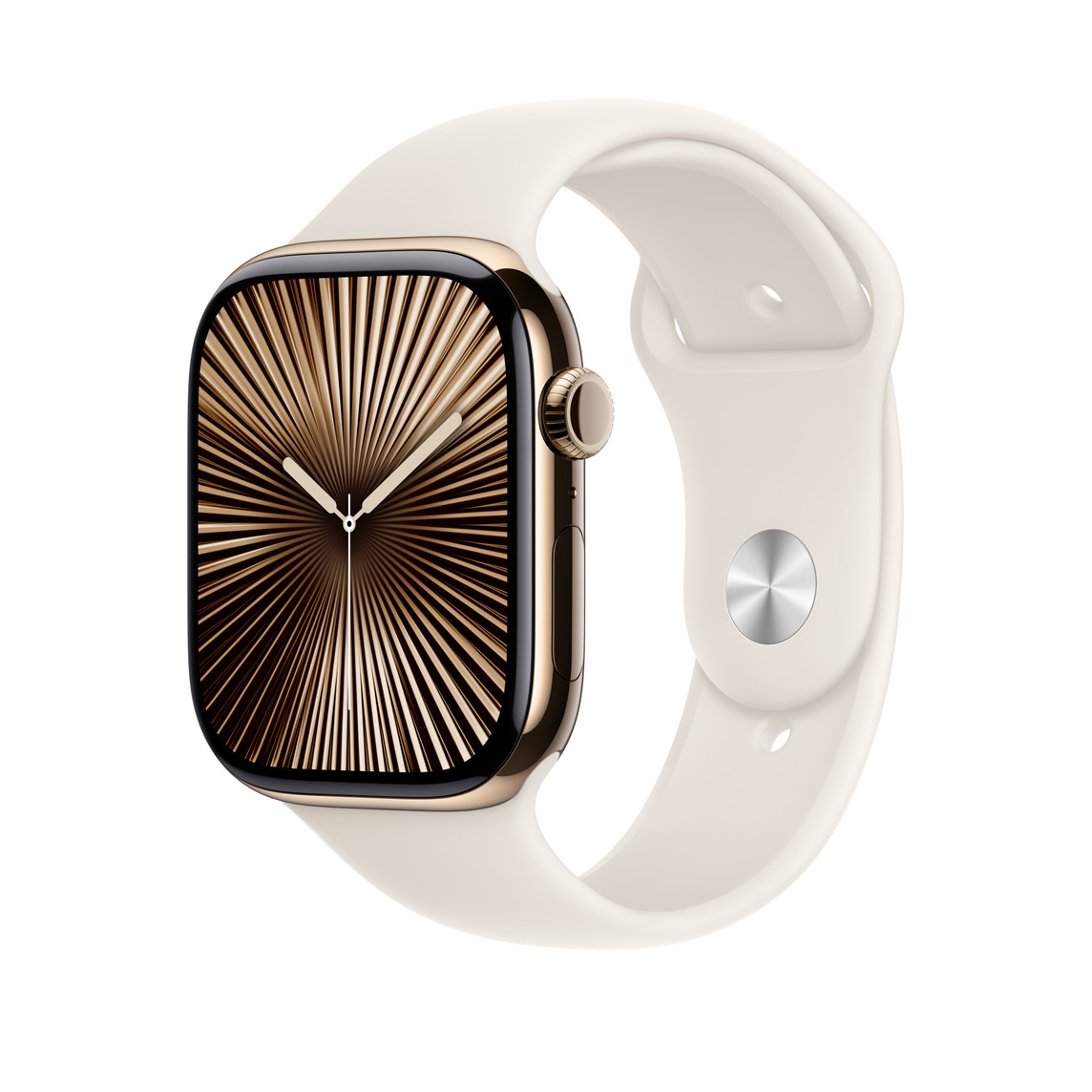 Goldene Apple Watch mit cremefarbenem Armband, die die Uhrzeit anzeigt. Das Zifferblatt hat ein Sonnenmuster.