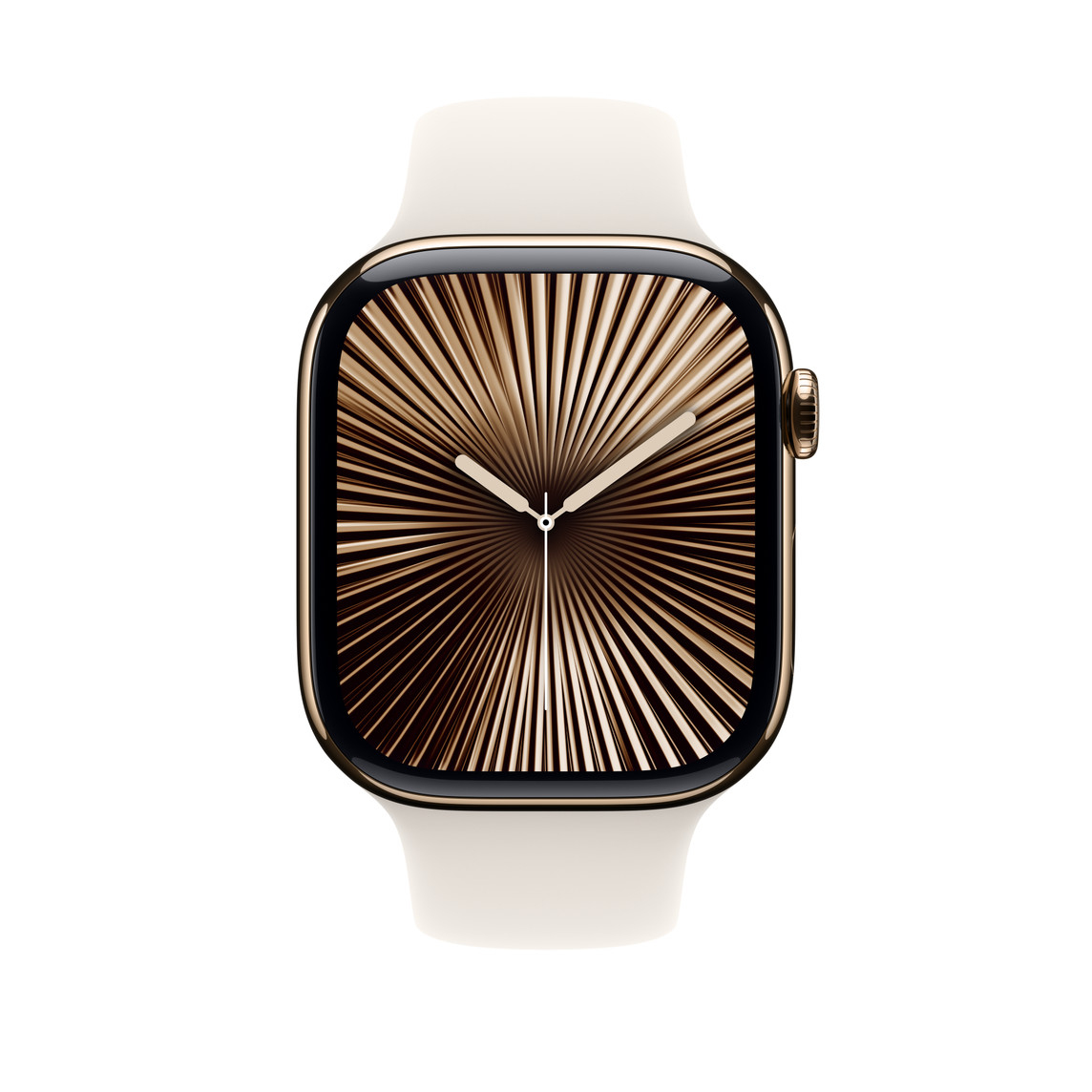 Eine goldene Apple Watch mit radialem goldenen Zifferblatt und weißem Armband. Die Uhrzeit zeigt 10:09 Uhr. Der Hintergrund ist weiß.