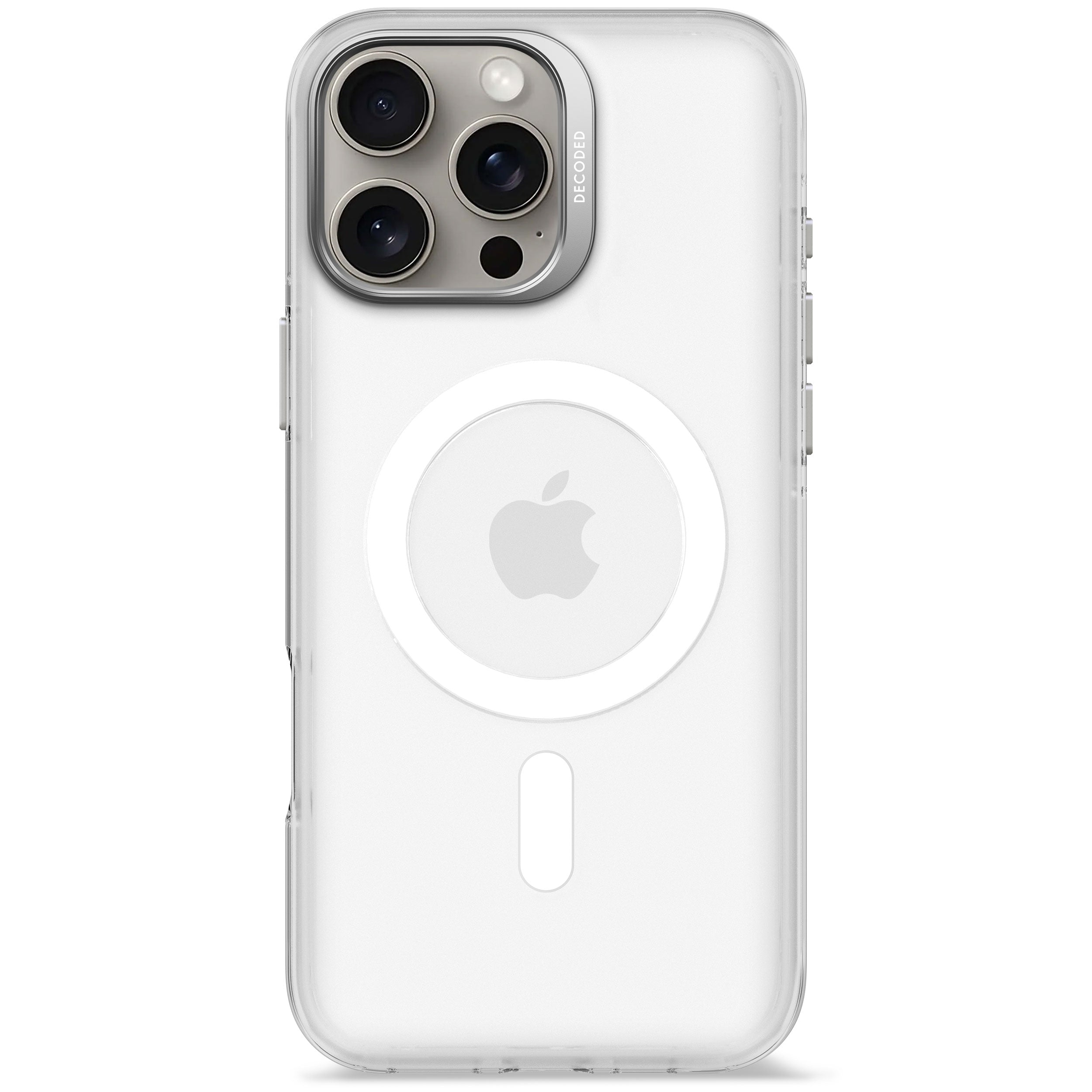 Transparente iPhone-Hülle mit Apple-Logo. Sie hat einen Kameraausschnitt mit drei Linsen und einen MagSafe-Ring.