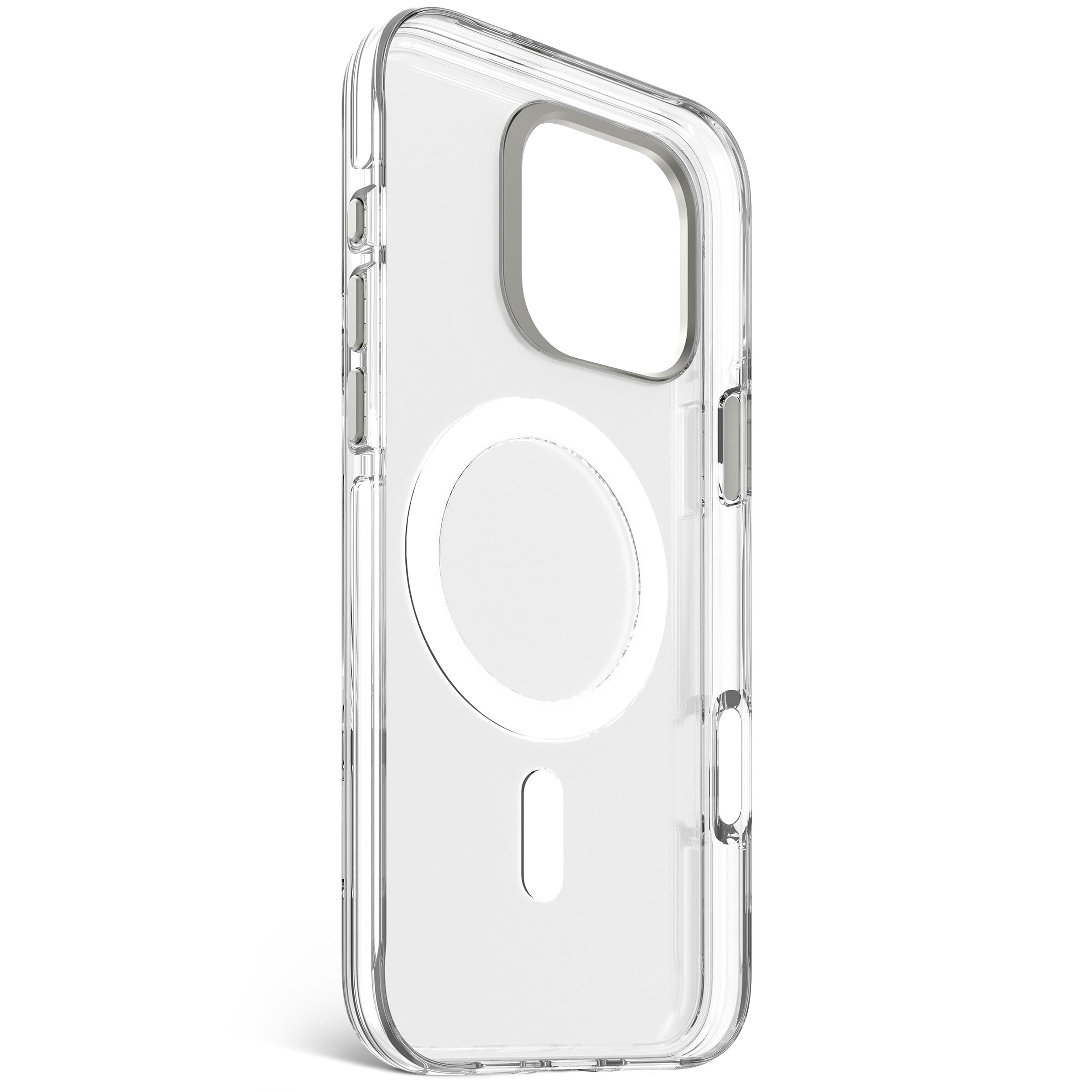Transparente Handyhülle. Sie hat einen Kameraausschnitt, einen runden MagSafe-Bereich und Aussparungen für die Lautstärketasten.
