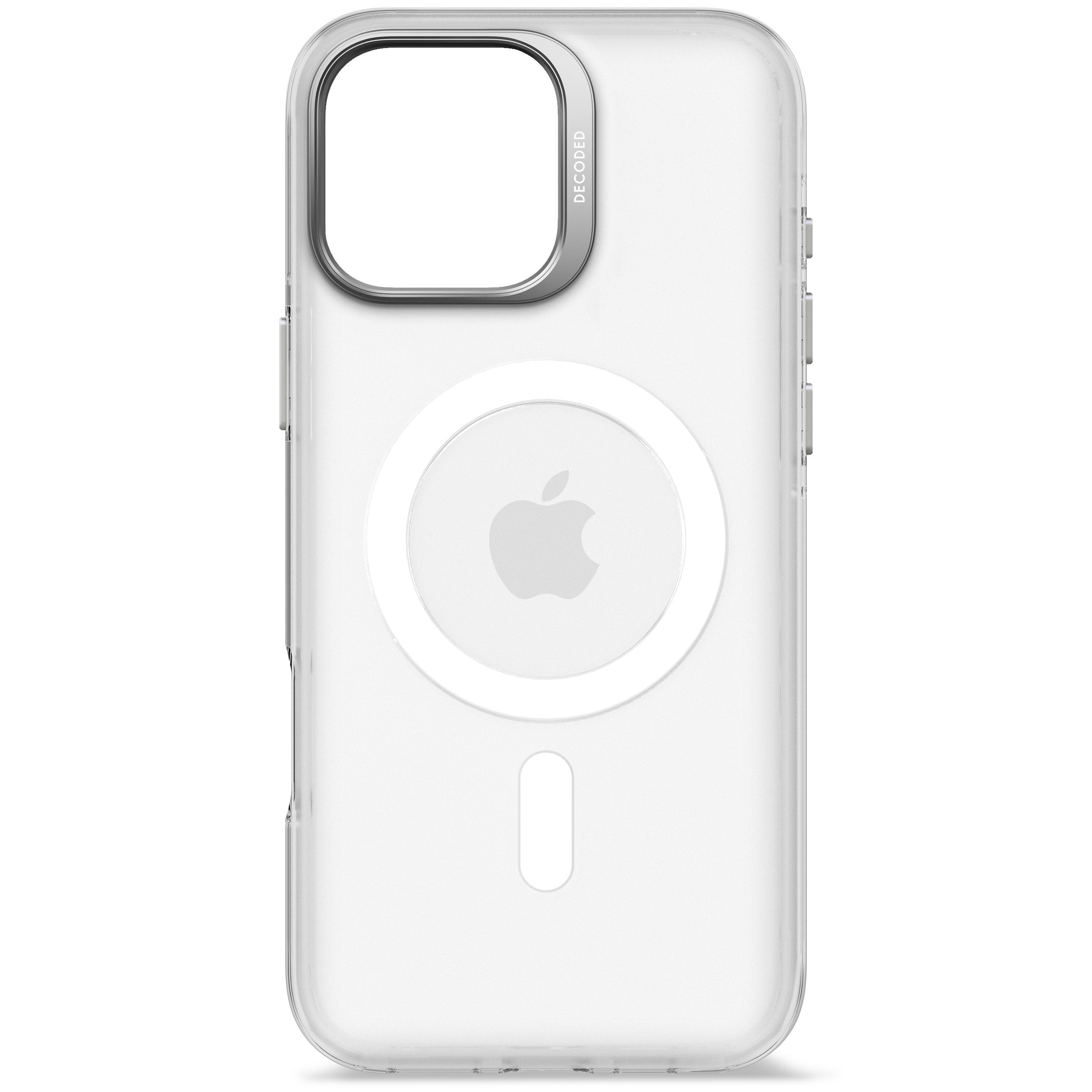 Transparente Handyhülle mit silbernen Kanten. Apple-Logo und ein Kreis mit rechteckigem Ausschnitt sind sichtbar.