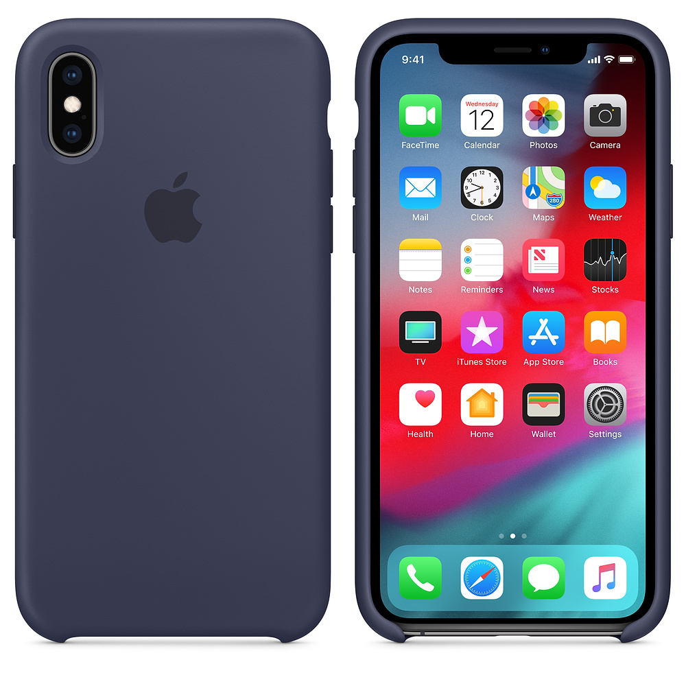 Ein iPhone mit dunkelblauer Hülle wird angezeigt. Der Bildschirm zeigt den Homescreen mit App-Symbolen. Die Uhrzeit ist 9:41.