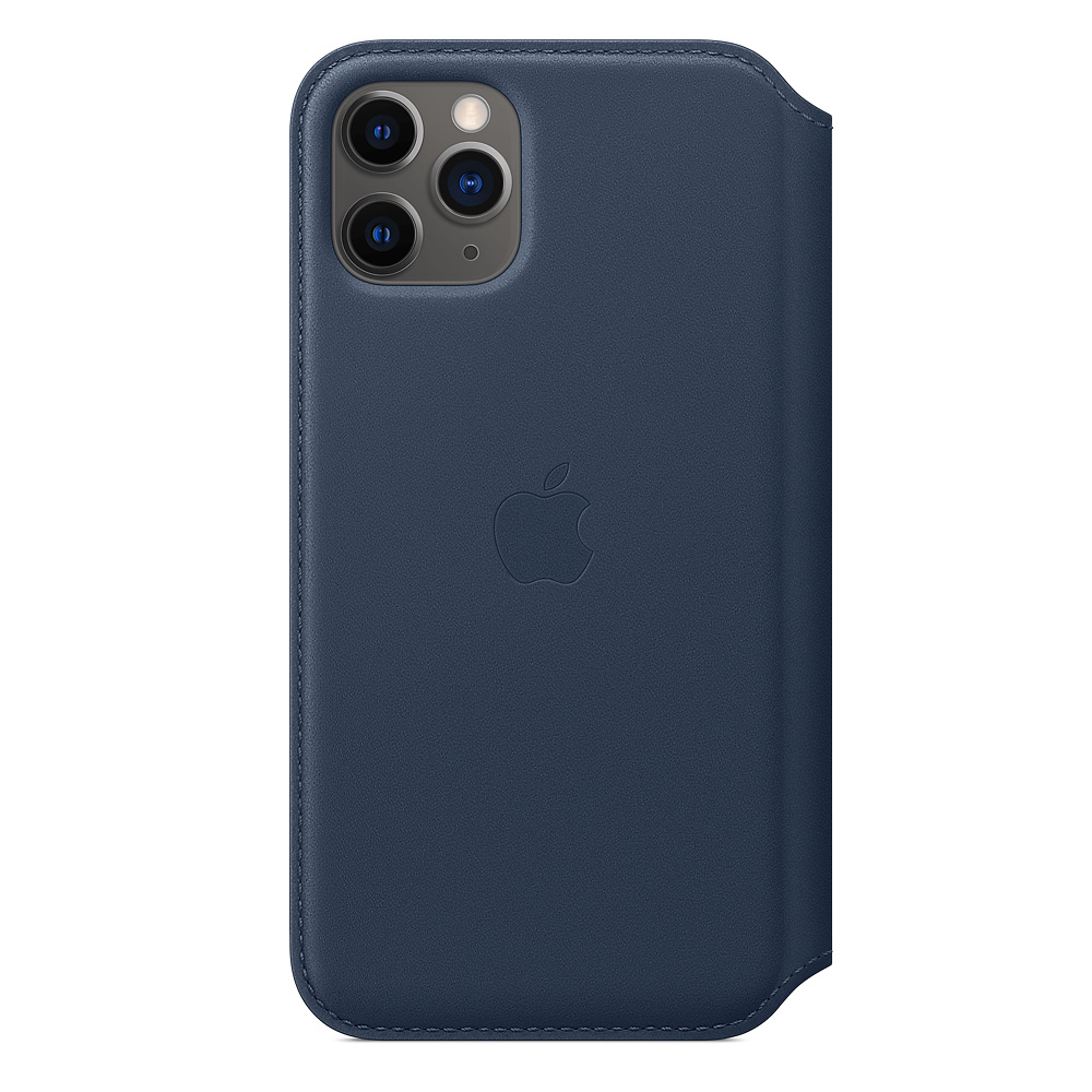 Blue iPhone case with a leather texture. Apple logo is visible. The phone has three cameras.
