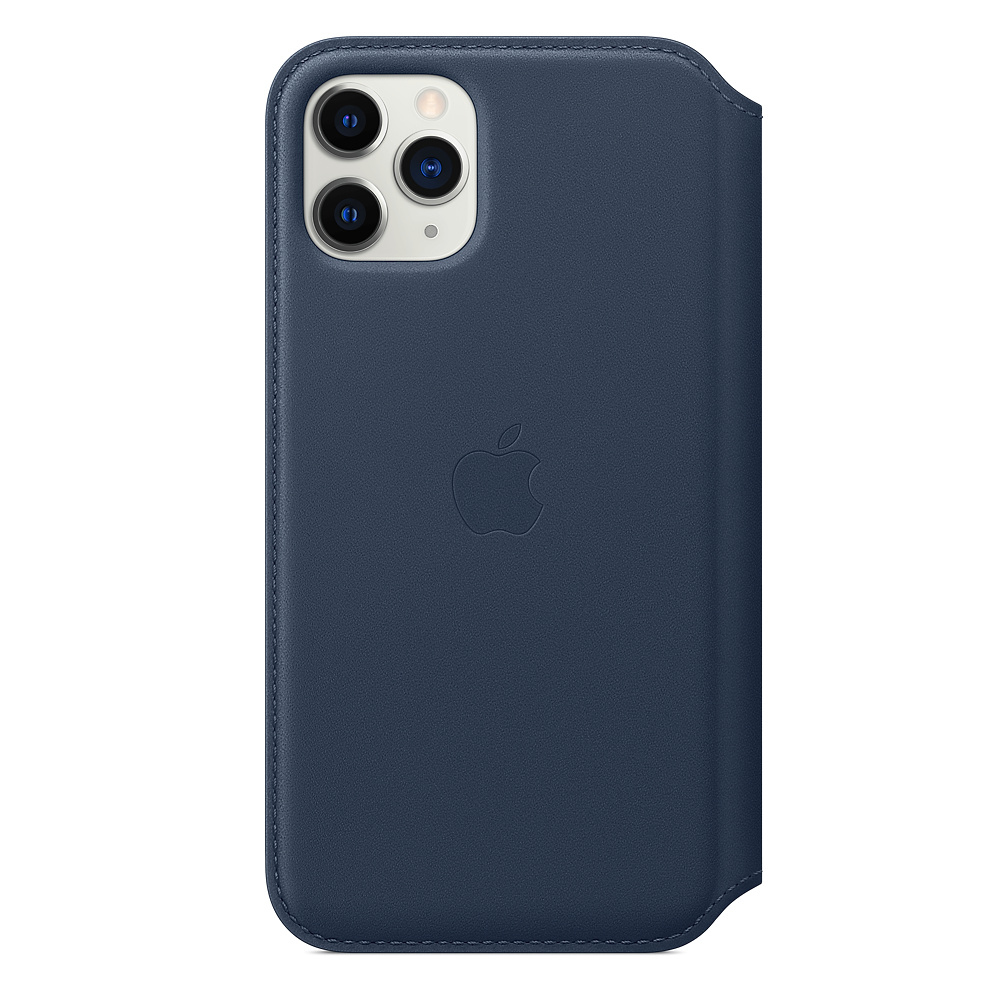 A navy blue iPhone case with the Apple logo, showing the camera area. The case is leather and has a folio design.