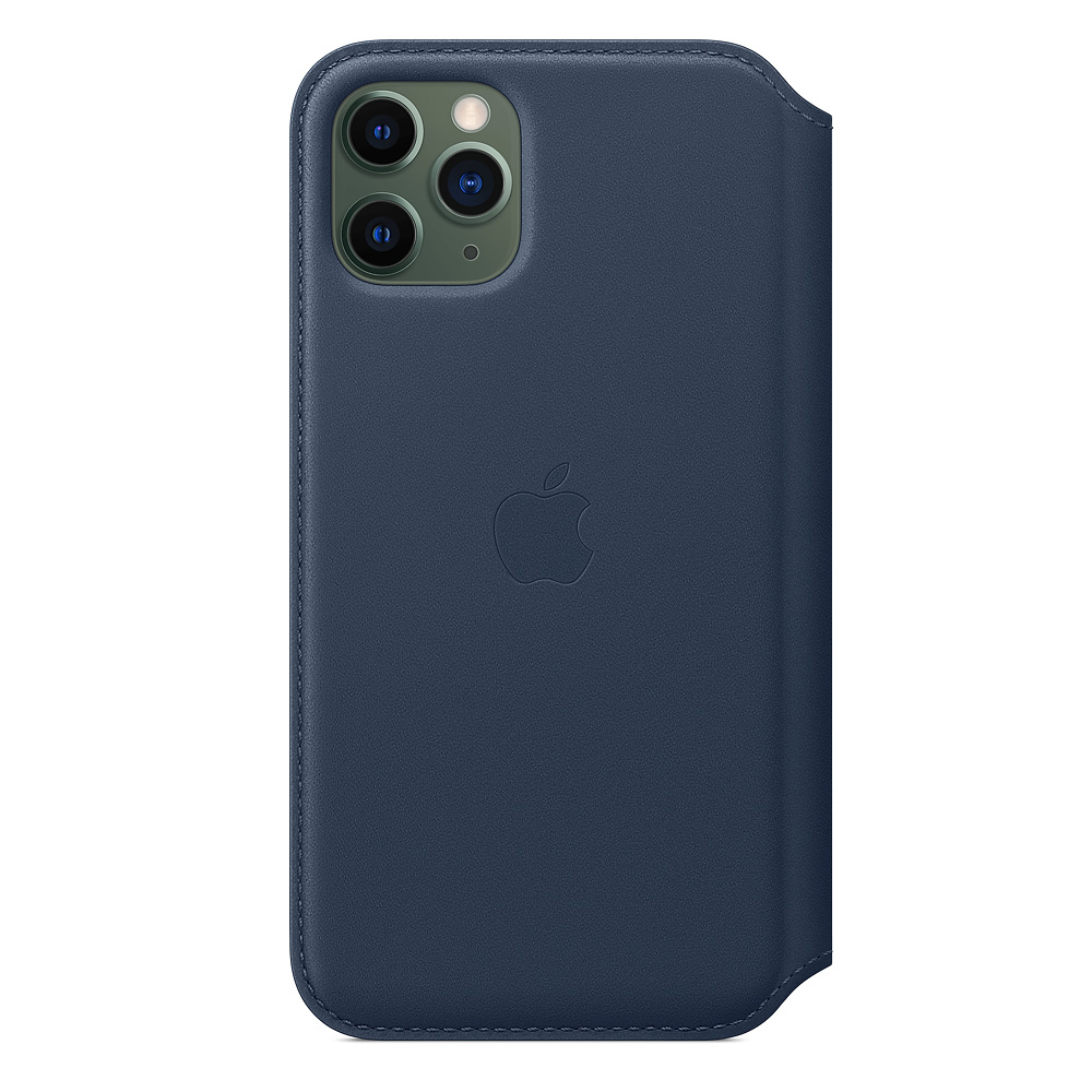 A dark blue leather iPhone case. It has the Apple logo and a camera system on the top left. The case is closed.