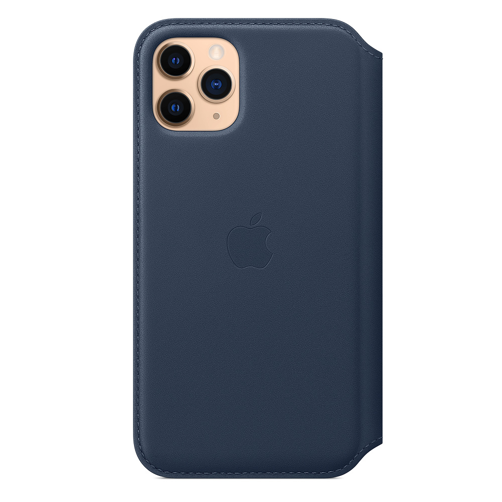 A dark blue iPhone case. It has the Apple logo and a camera module with three lenses. The case is leather.