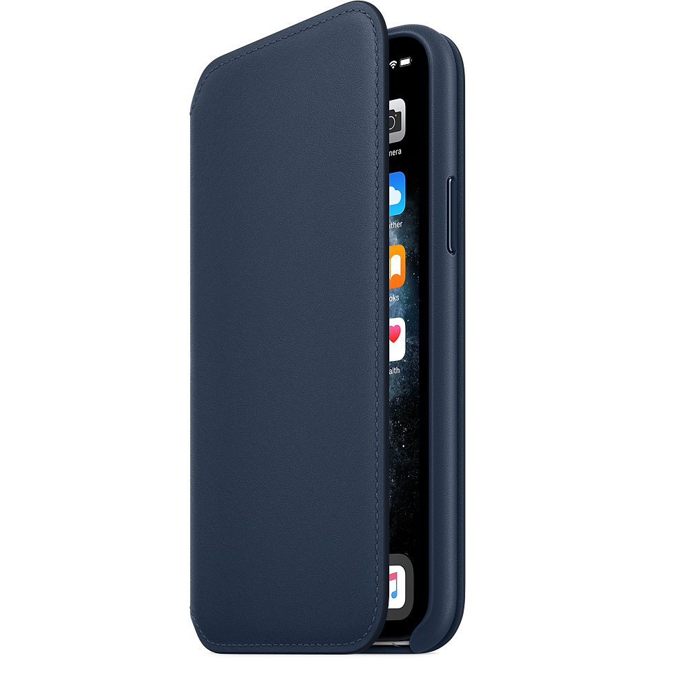 A navy blue leather phone case, open to reveal the phone's screen. The screen shows app icons. The case is on a white background.