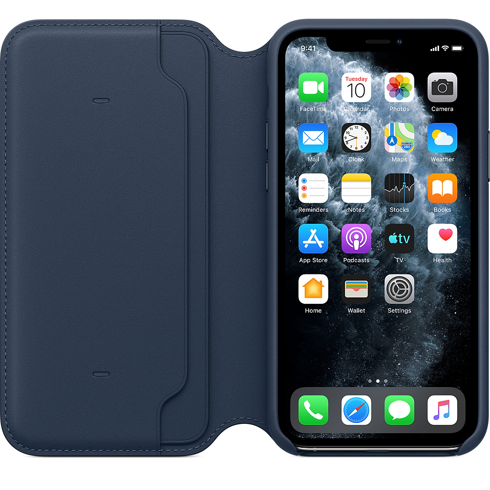A dark blue iPhone in a case, displaying apps like FaceTime, Calendar, Mail, and Settings. The time is 9:41 on Tuesday.