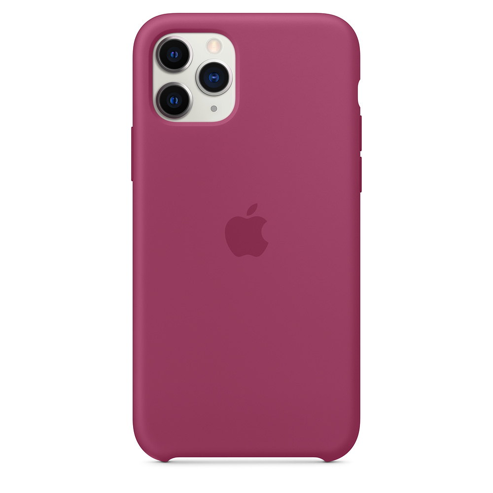 Een magenta iPhone-hoesje, met het Apple-logo in het midden. De cameralenzen staan linksboven. De hoes is glad.