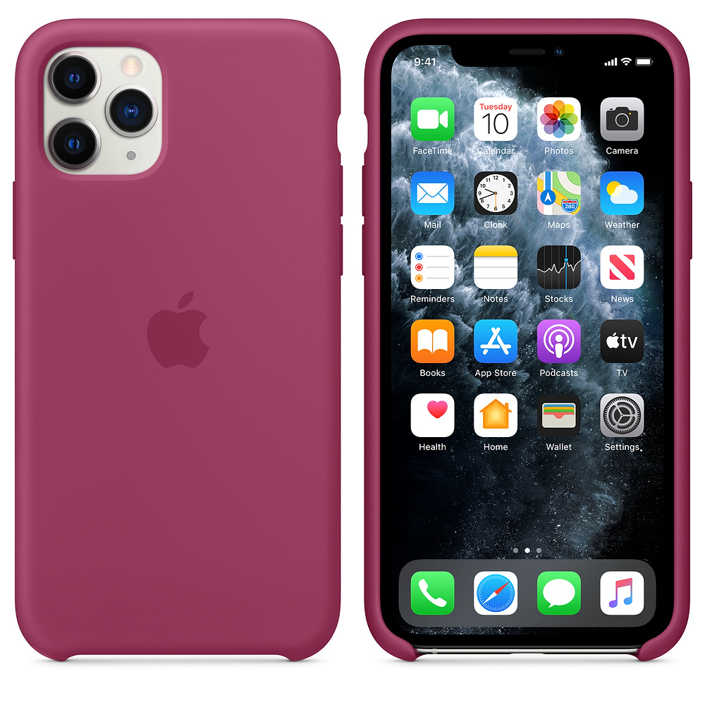 Een bordeauxrode iPhone 11 Pro met het scherm aan, met app-pictogrammen. De telefoon zit in een bijpassende bordeauxrode hoes.