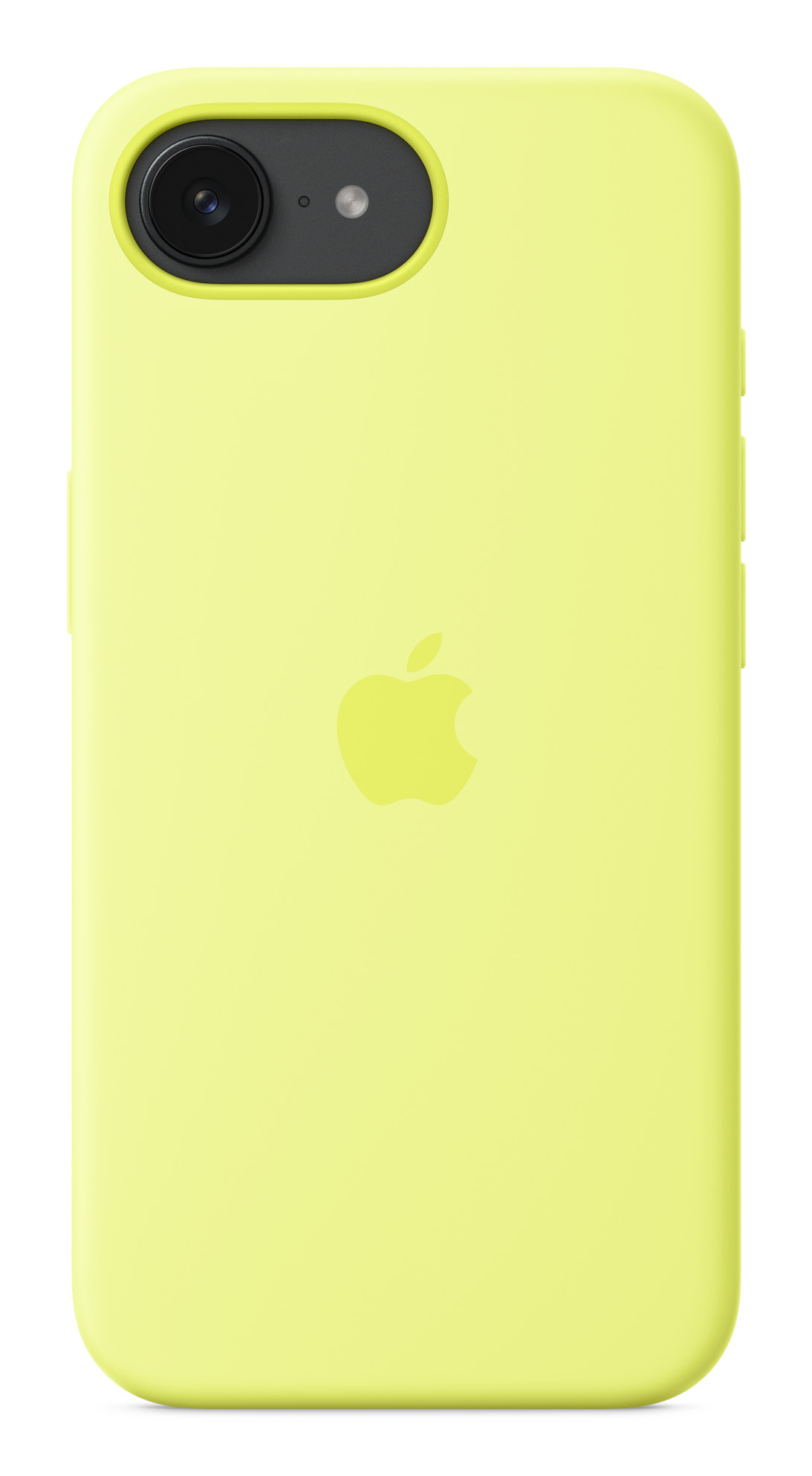 Una funda amarilla para iPhone. Tiene una cámara y flash arriba y el logo de Apple en el medio.