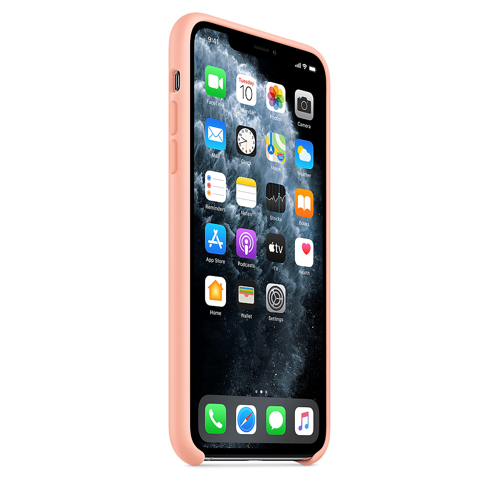 Een iPhone met een roze hoesje toont app-iconen op het scherm. De tijd is 9:41. Iconen zijn onder meer agenda, camera en instellingen.