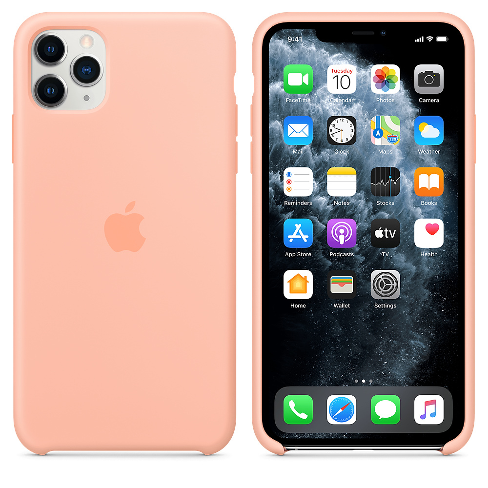 Een iPhone in een koraalroze hoesje. Het scherm toont apps. De linkerkant toont de achterkant met het Apple-logo.