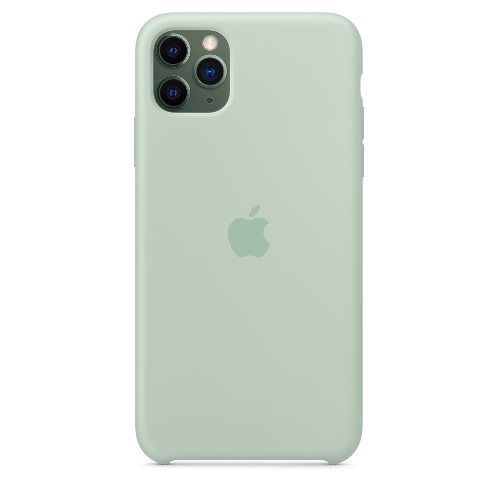 Een mintgroene iPhone 11 Pro met een Apple-logo. De telefoon heeft drie cameralenzen en zit in een beschermhoes.