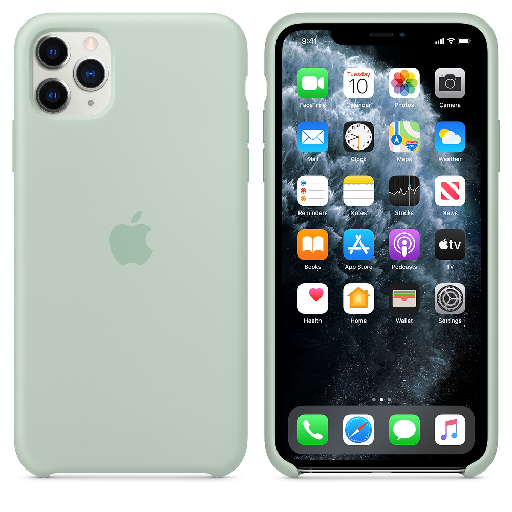 Een iPhone 11 Pro met mintgroene hoes, met zijn startscherm met app-pictogrammen. De telefoon staat op een witte achtergrond.