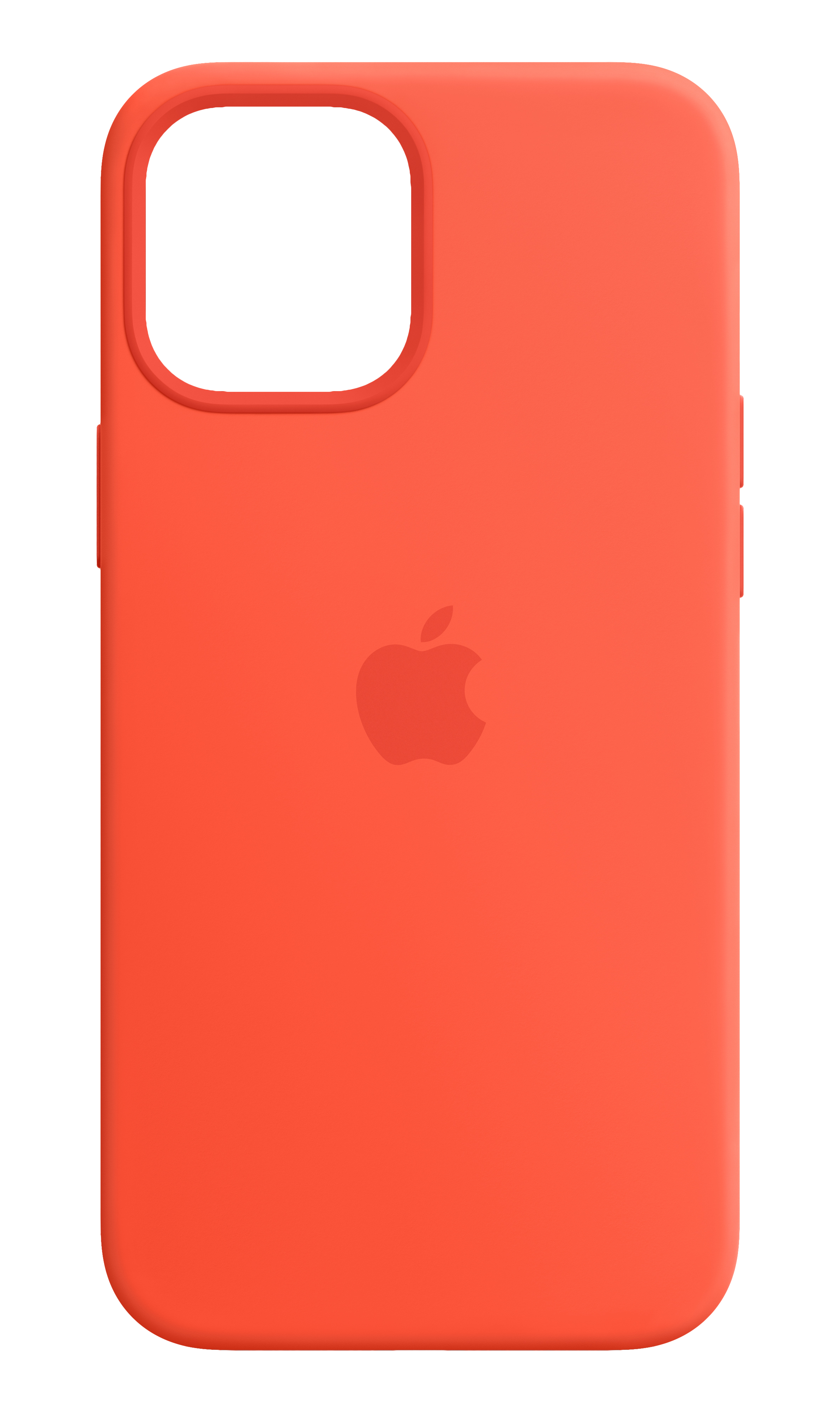 Een koraalkleurige telefoonhoes met het Apple-logo. Het heeft een uitsparing voor de camera en zijknoppen. De achtergrond is wit.